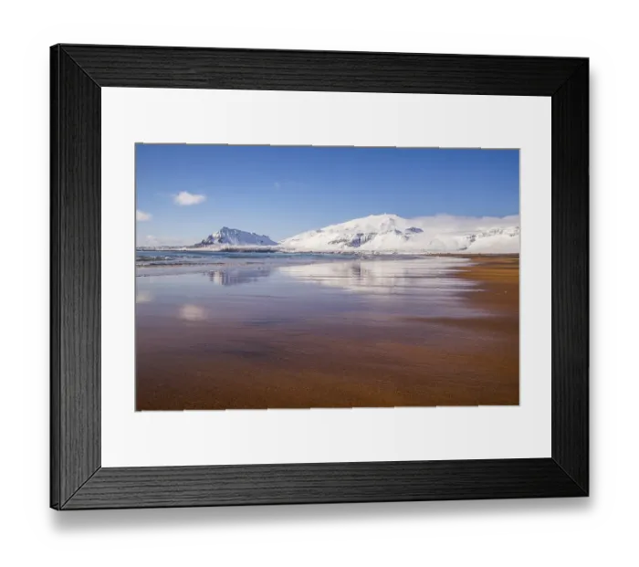 Framed Print : Sunny winter day on the sandy beach in front of Snaefellsjoekull volcano