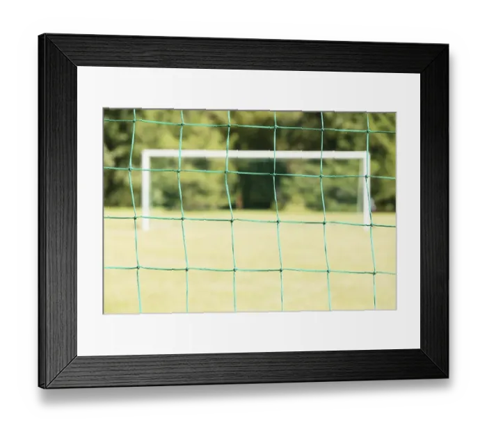 Framed Print : Empty soccer field seen through the net of the goal