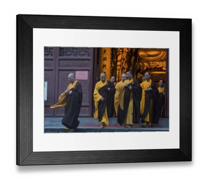 Framed Print : Devout monks leaving a temple, Lingying Monastery Framed Print : Devout monks leaving a temple, Lingying Monastery
