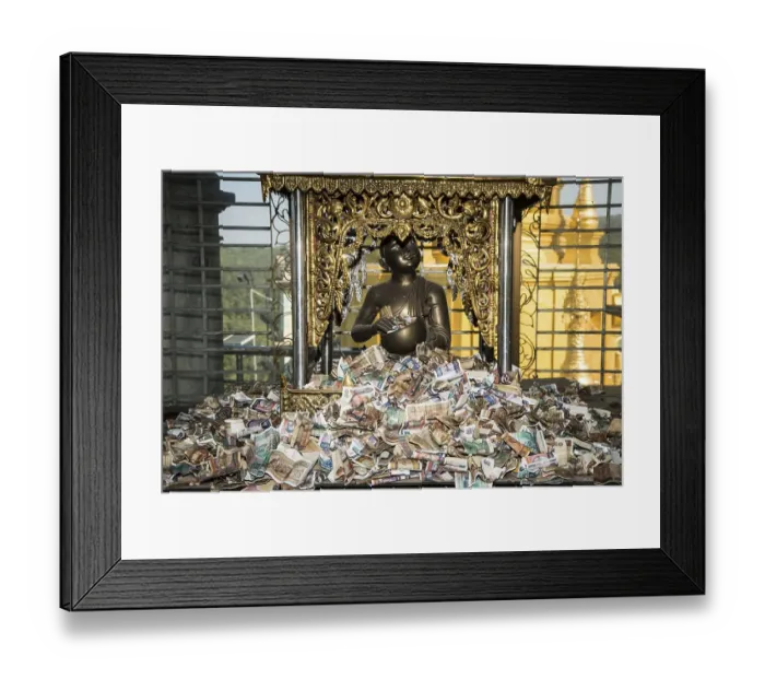 Framed Print : Sculpture and paper money, kyat currency Framed Print : Sculpture and paper money, kyat currency