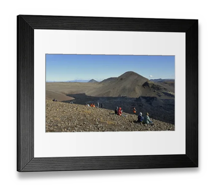 Framed Print : Fagradalsfjall eruption 2022, tourists looking at smoking lava field with volcanic vent Framed Print : Fagradalsfjall eruption 2022, tourists looking at smoking lava field with volcanic vent