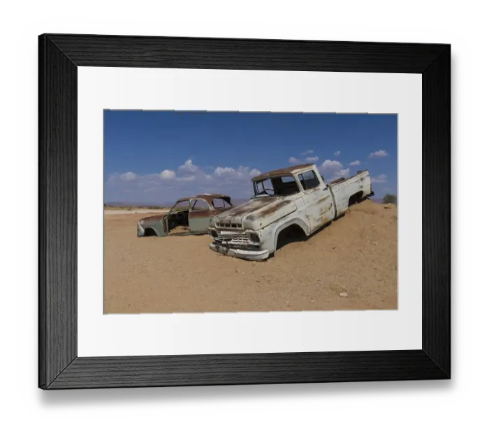 Framed Print : Old car wreck in sand, vintage car