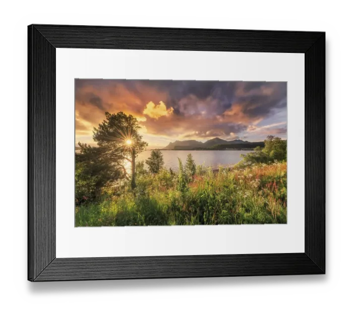 Framed Print : Midnight sun in midsummer by the fjord