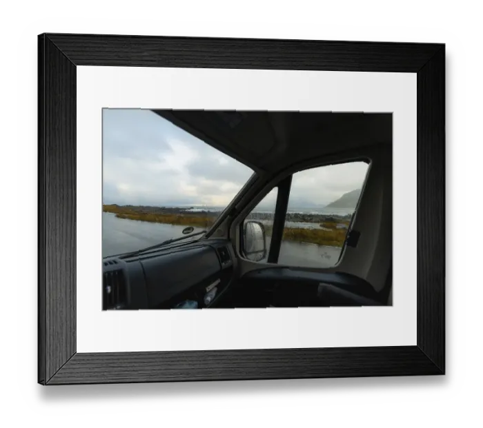 Framed Print : View from a rainy campervan window on Flakstad beach