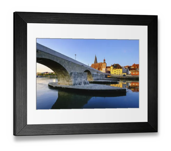 Framed Print : Stone bridge over the Danube and Old Town with bridge gate