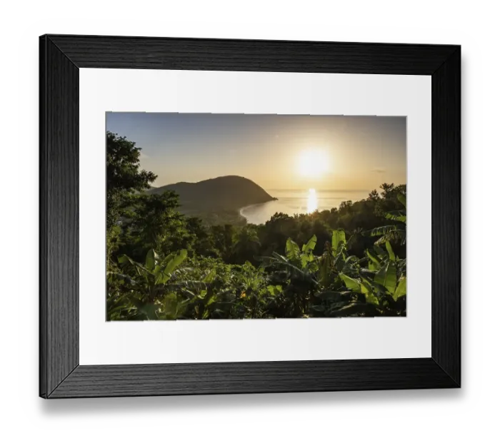 Framed Print : View from a mountain to a secluded bay with a sandy beach and mangrove forest Framed Print : View from a mountain to a secluded bay with a sandy beach and mangrove forest