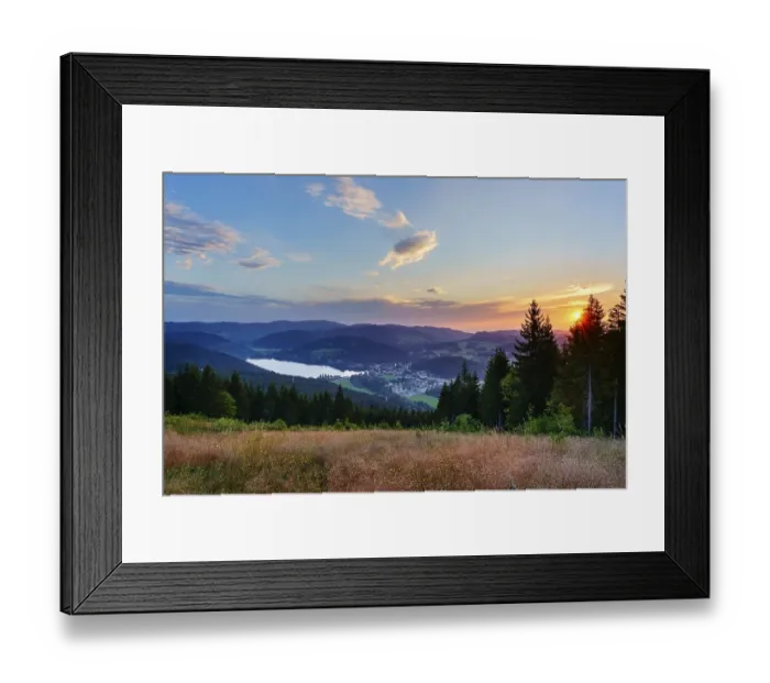 Framed Print : View from Hochfirst to Lake Titisee and Feldberg mountain at sunset