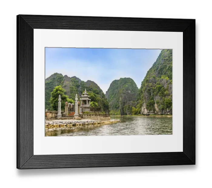 Framed Print : Small temple with forested limestone rocks Framed Print : Small temple with forested limestone rocks