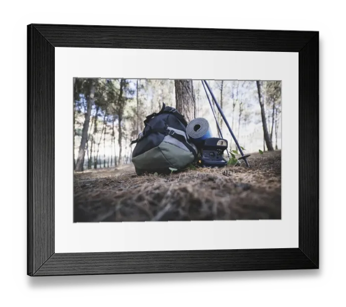 Framed Print : Backpack camera near tree