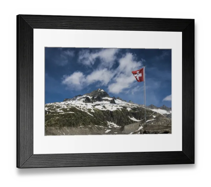Framed Print : Swiss flag, Galenstock, view from Furka Pass Framed Print : Swiss flag, Galenstock, view from Furka Pass