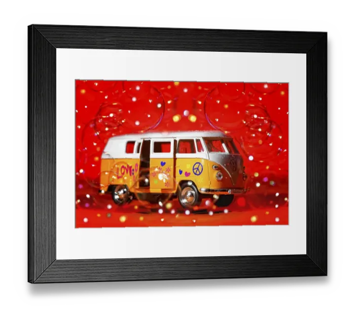 Framed Print : Toy car, VW T1, Bulli with soap bubbles