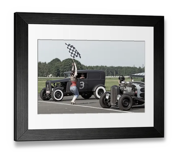 Framed Print : Starter girl starting a hot rod race Framed Print : Starter girl starting a hot rod race