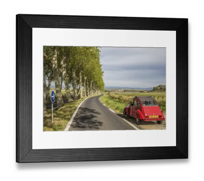 Framed Print : Country road with plane trees and a red Citroen 2CV