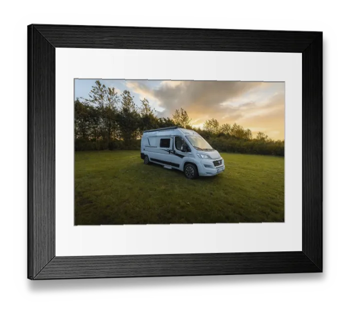 Framed Print : Campervan stands on the lawn of Uge Lystfiskeri og Camping at sunrise Framed Print : Campervan stands on the lawn of Uge Lystfiskeri og Camping at sunrise