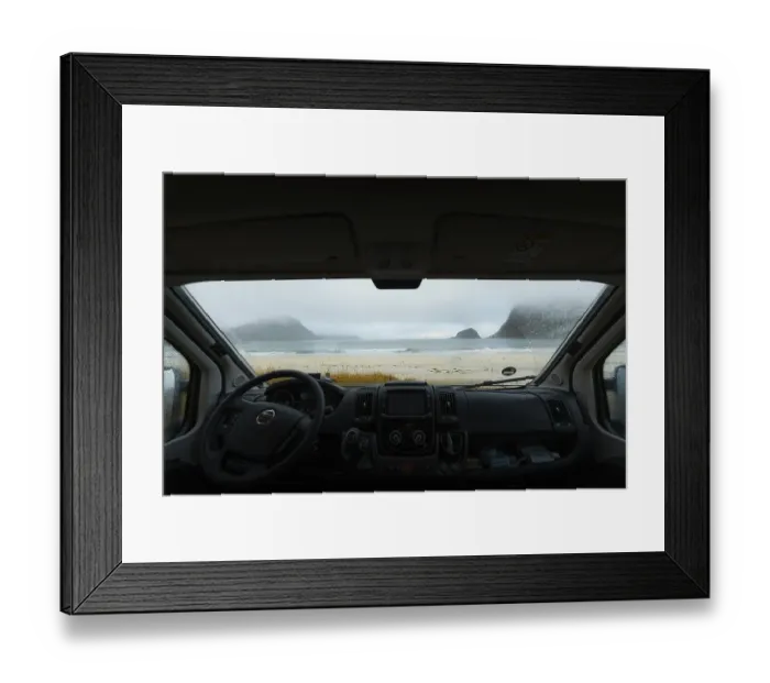Framed Print : View from the windshield of the campervan on beach with turquoise water Framed Print : View from the windshield of the campervan on beach with turquoise water