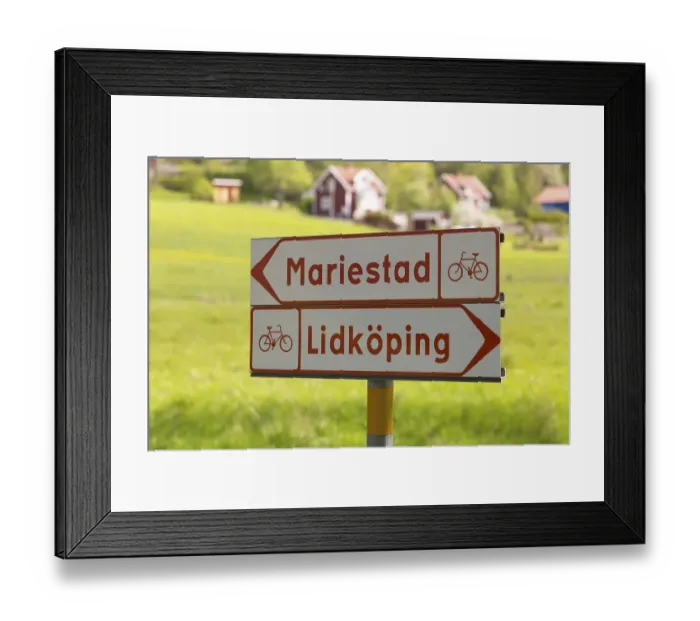 Framed Print : Signs, cycling path to Mariestad and Lidkoeping