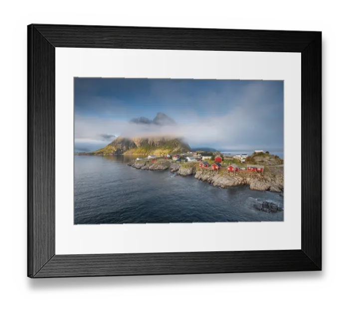 Framed Print : Red wooden houses Rorbu, Rorbu fishermen's cabins