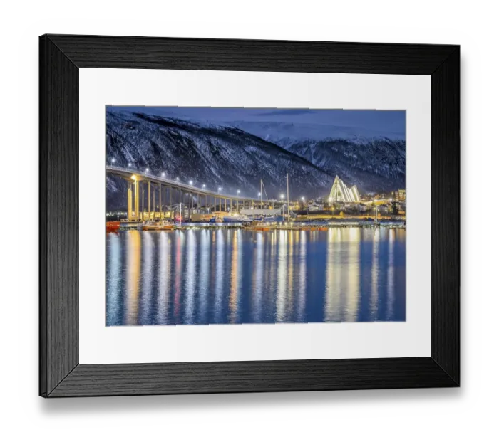 Framed Print : View over the harbour and city with Tromsobrua or Tromso Bridge Framed Print : View over the harbour and city with Tromsobrua or Tromso Bridge
