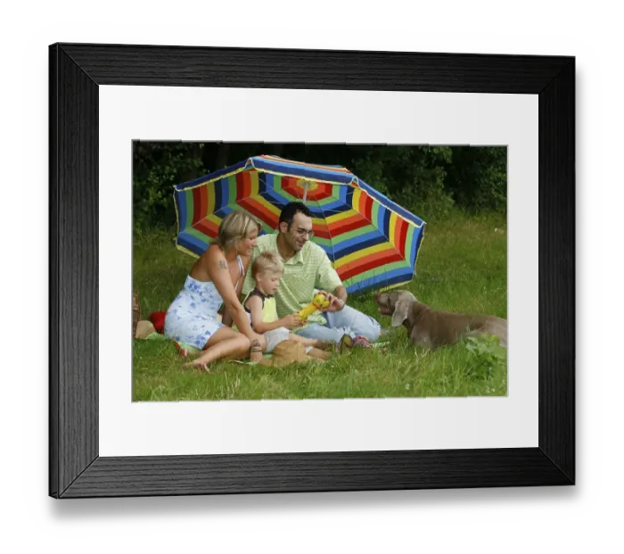 Framed Print : Family with Weimaraner under parasol Framed Print : Family with Weimaraner under parasol