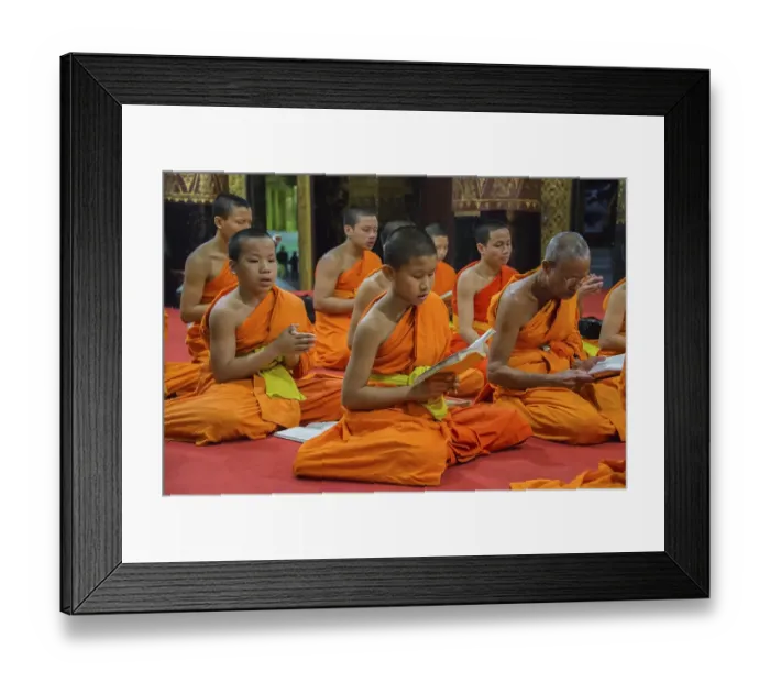 Framed Print : Buddhist monks praying in the temple Wat Xieng Thong Framed Print : Buddhist monks praying in the temple Wat Xieng Thong