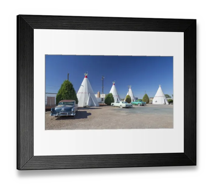 Framed Print : Wigwam Motel, tepees, front vintage