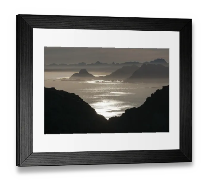 Framed Print : View from Glomtinden mountain over the Henningsvaersund on the Vestvagoy island
