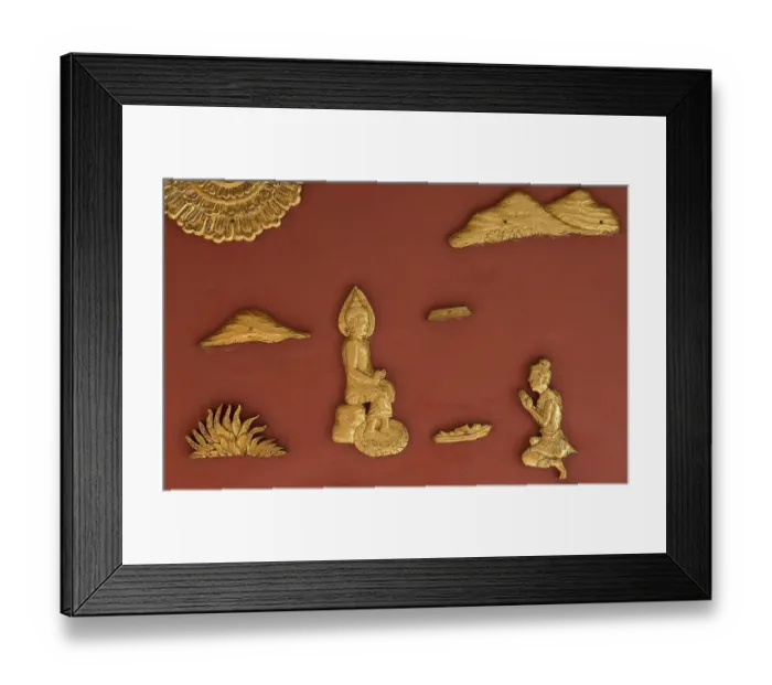 Framed Print : Gilded wall decorations with depictions from the Jakata narratives about the former lives of the Gautama Buddha