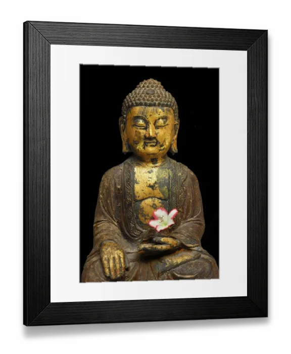 Framed Print : Buddha figure with azalea blossom
