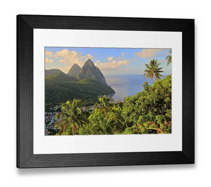 Framed Print : Tropical landscape with view of the village and the two Pitons