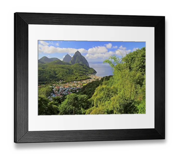 Framed Print : Tropical landscape with view of the village and the two Pitons Framed Print : Tropical landscape with view of the village and the two Pitons