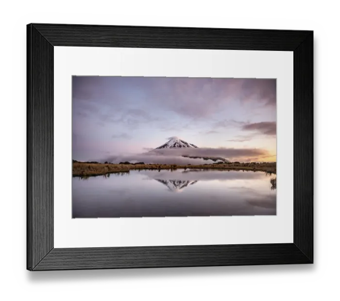 Framed Print : Water reflection in Pouakai Tarn Mountain Lake at sunset