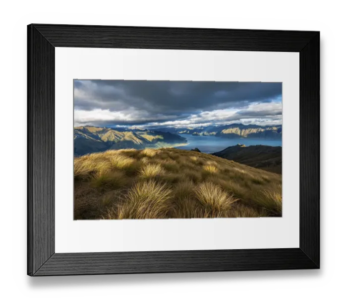 Framed Print : View of Lake Hawea, lake and mountain landscape in the evening light Framed Print : View of Lake Hawea, lake and mountain landscape in the evening light