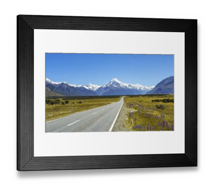 Framed Print : Country road overlooking snow-capped Mount Cook National Park