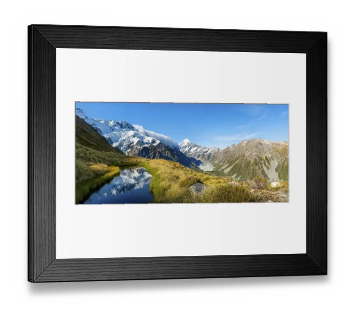 Framed Print : Reflection in mountain lake, view of Hooker Valley with Hooker Lake and Mount Cook