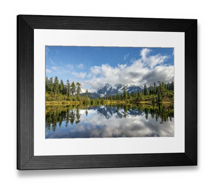 Framed Print : Mt. Shuksan glacier with snow reflecting in Picture Lake
