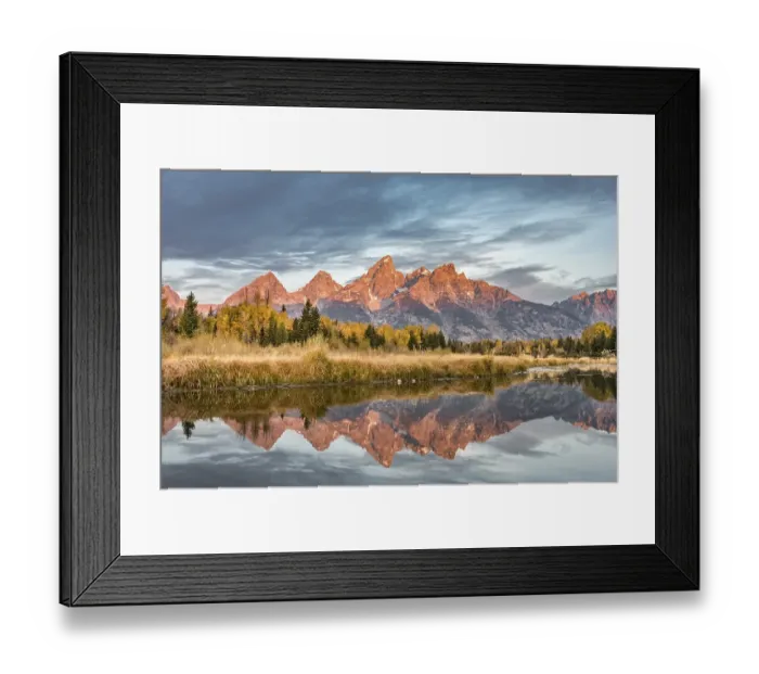 Framed Print : Mountains glow red at sunrise, Grand Teton Range mountain range reflected in the river Framed Print : Mountains glow red at sunrise, Grand Teton Range mountain range reflected in the river