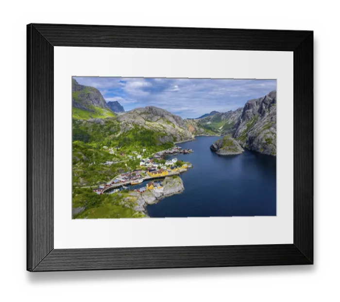 Framed Print : Aerial view, view of harbour and rorbuer cabins