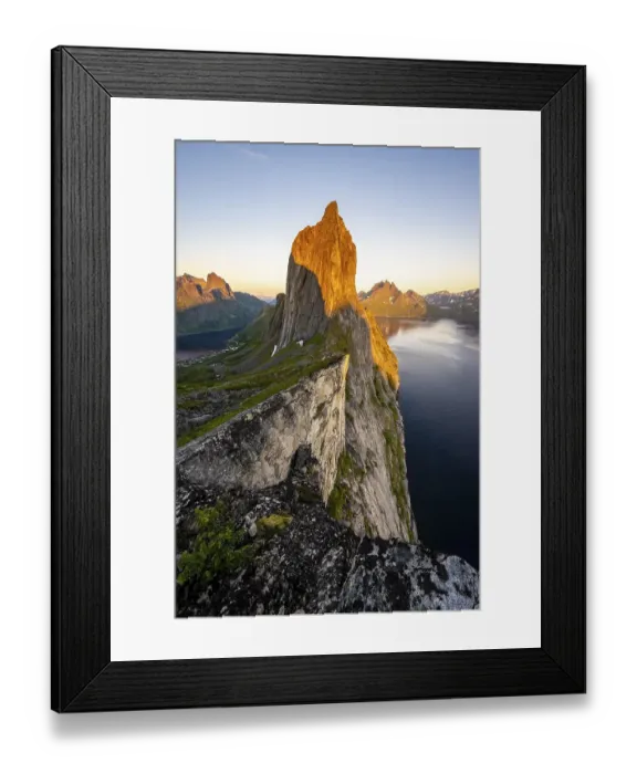 Framed Print : Steep mountain Segla, fjord Mefjorden with mountains