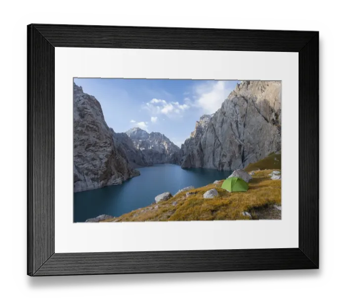Framed Print : Wild camping, camping in the wilderness with a tent in front of mountain lake Kol Suu