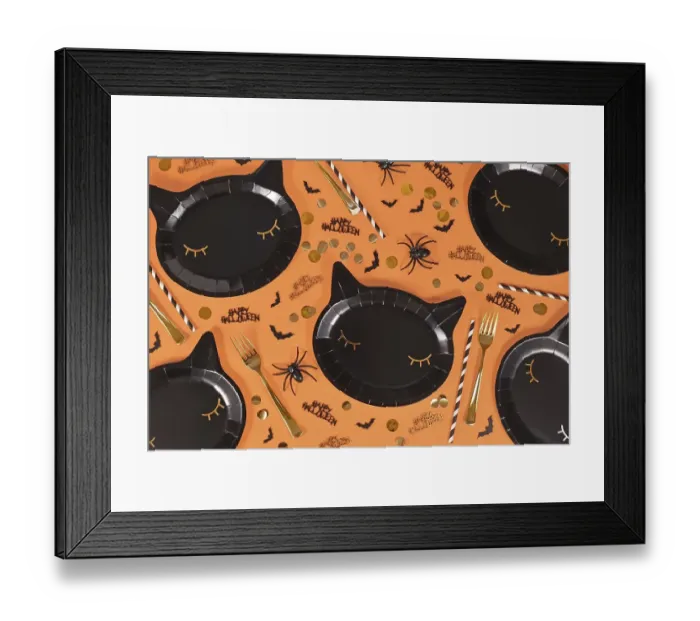 Framed Print : Black cat shaped Halloween party paper plates Framed Print : Black cat shaped Halloween party paper plates