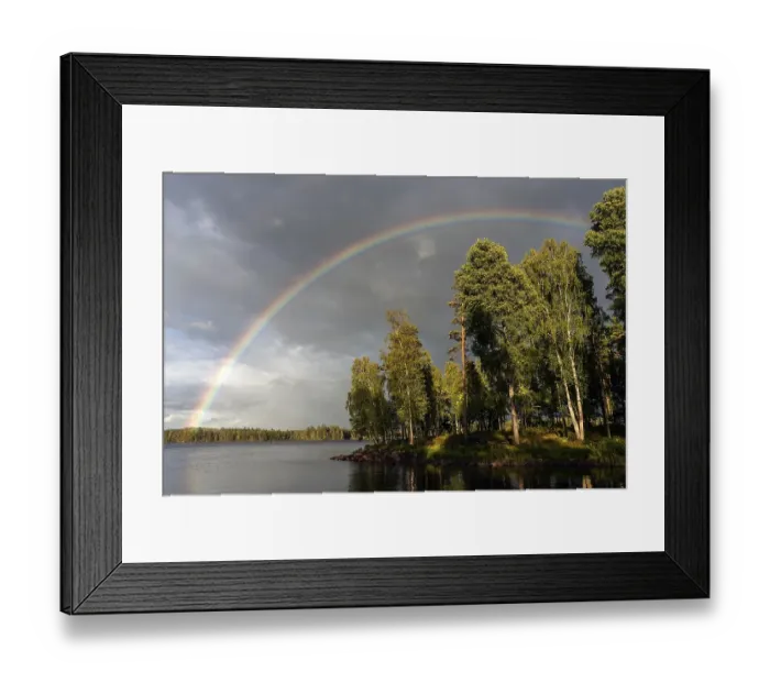 Framed Print : Rainbow over Lake Rusken, storm clouds
