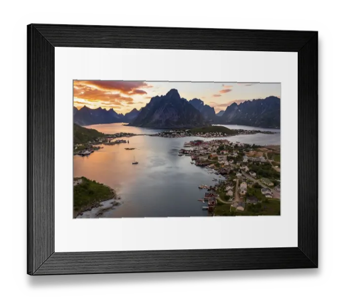 Framed Print : Aerial view, sunset at Reinefjord with mountains Framed Print : Aerial view, sunset at Reinefjord with mountains