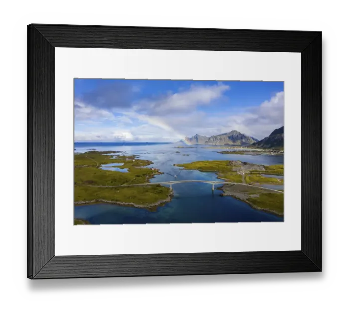 Framed Print : Rainbow over fjord, bridge at Fredvang