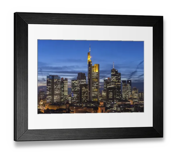 Framed Print : Views of the city skyline at dusk and lit skyscrapers