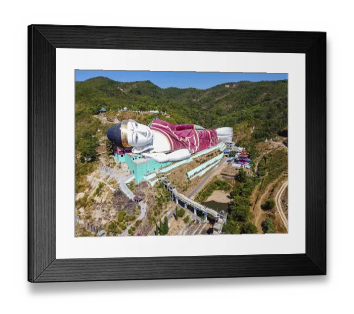 Framed Print : Aerial of a giant reclining buddha in Win Sein Taw Ya outside Mawlamyine