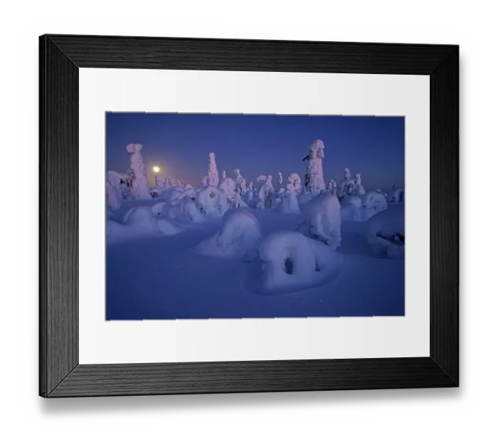 Framed Print : Snowy landscape with full moon