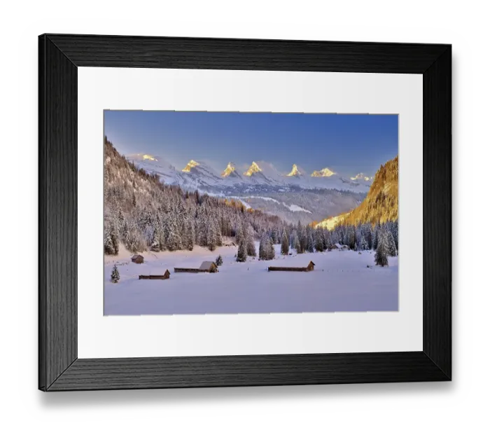 Framed Print : Toggenburg in winter, view of Churfirsten at sunrise