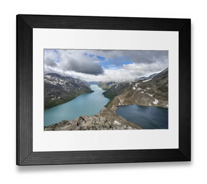 Framed Print : View of Lake Gjende, Lake Bessvatnet and mountains