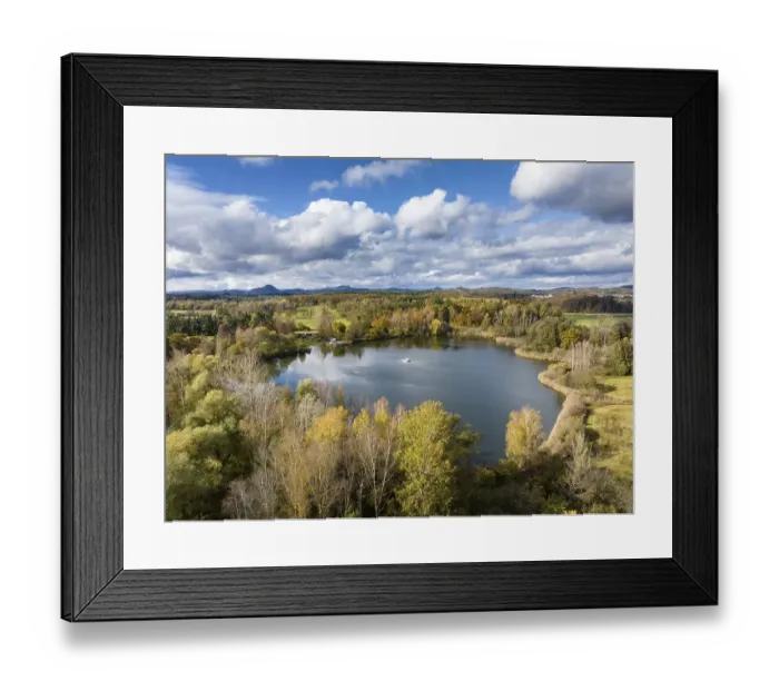 Framed Print : Aerial view of Lake Boehringen with autumn vegetation