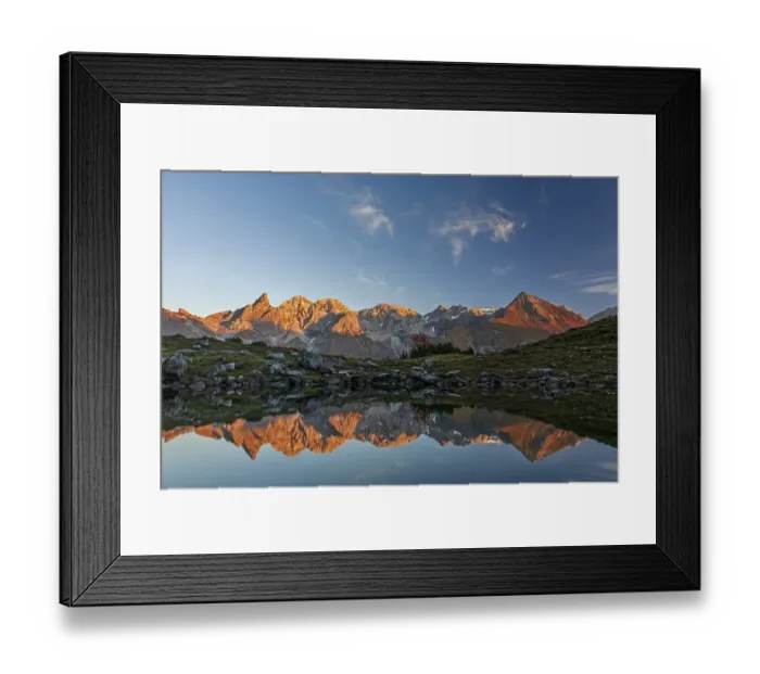 Framed Print : Mountains reflected in a small lake at sunset